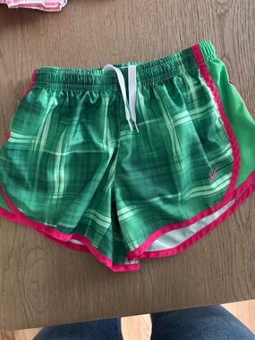 Nike Girl’s Green Plaid Athletic Shorts with Pink Trim
